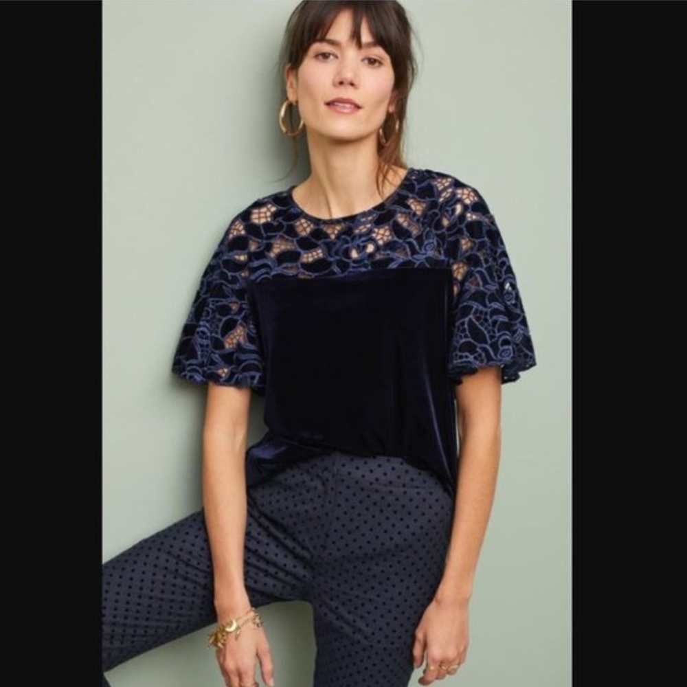 Anthropologie Eva Franco blue velvet lace top